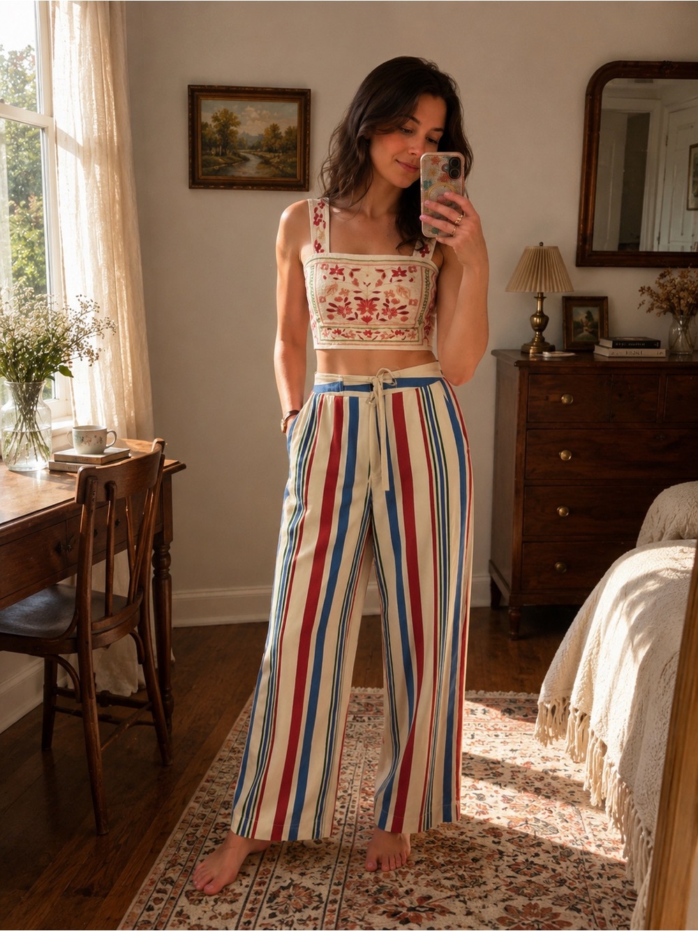 FRNCH Striped Wide-Leg Drawstring Pants - Cream, Red & Blue